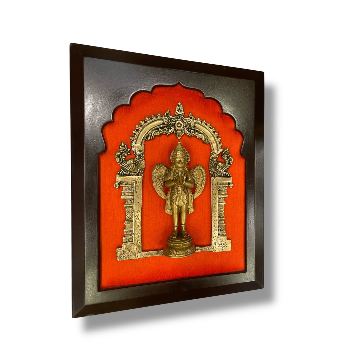 Brass Garuda on Dark orange Silk in Wooden frame