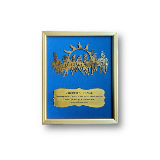 Metal 7 Running Horses Wall Art with Badge in silver frame
