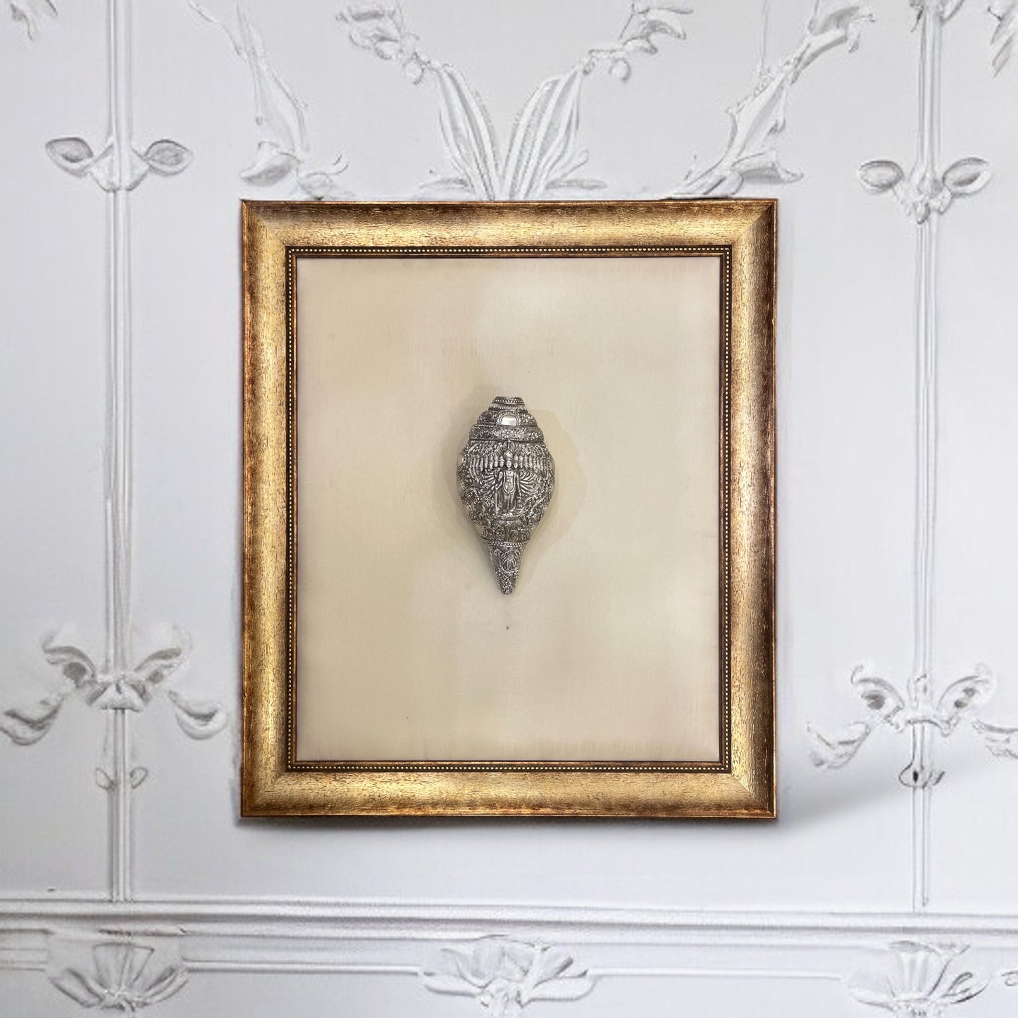 Vishnu Shank Silver White Silk in Antique Gold Moulded Frame