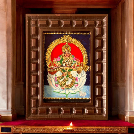 Goddess Saraswati on White Lotus Tanjore Painting