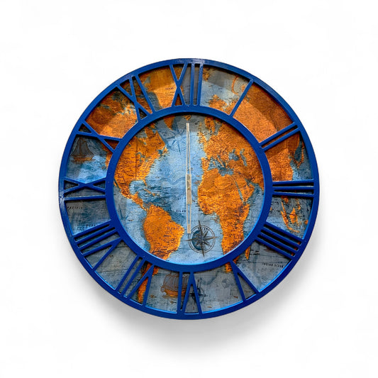 Vintage World Map Wall Clock with Roman Numerals – Nautical Blue Décor Timepiece