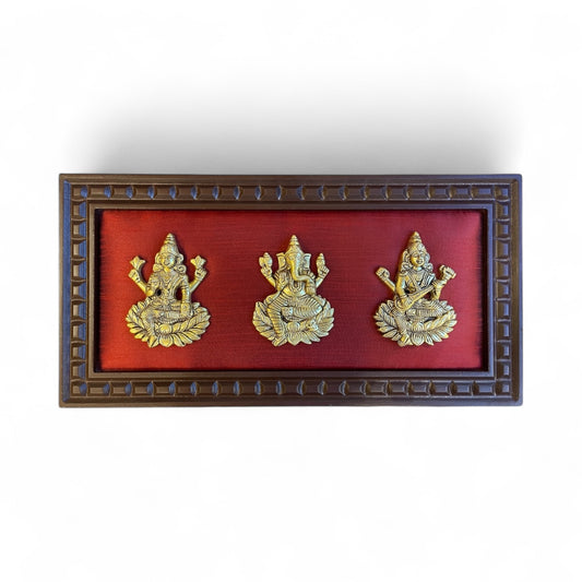 Brass Lakshmi,Ganapathi, Saraswathi Red Silk backdrop