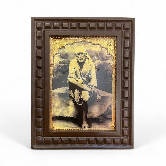Sai Baba Gold Foil Art with Wooden Frame.