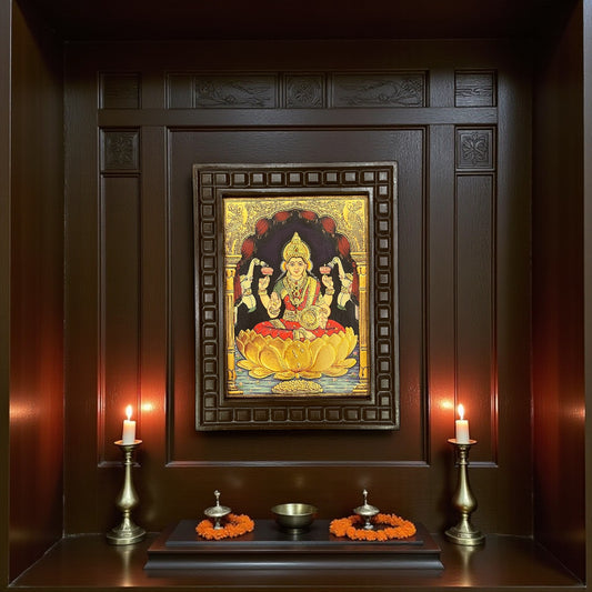 Gajalakshmi Gold Foiled art within wooden frame