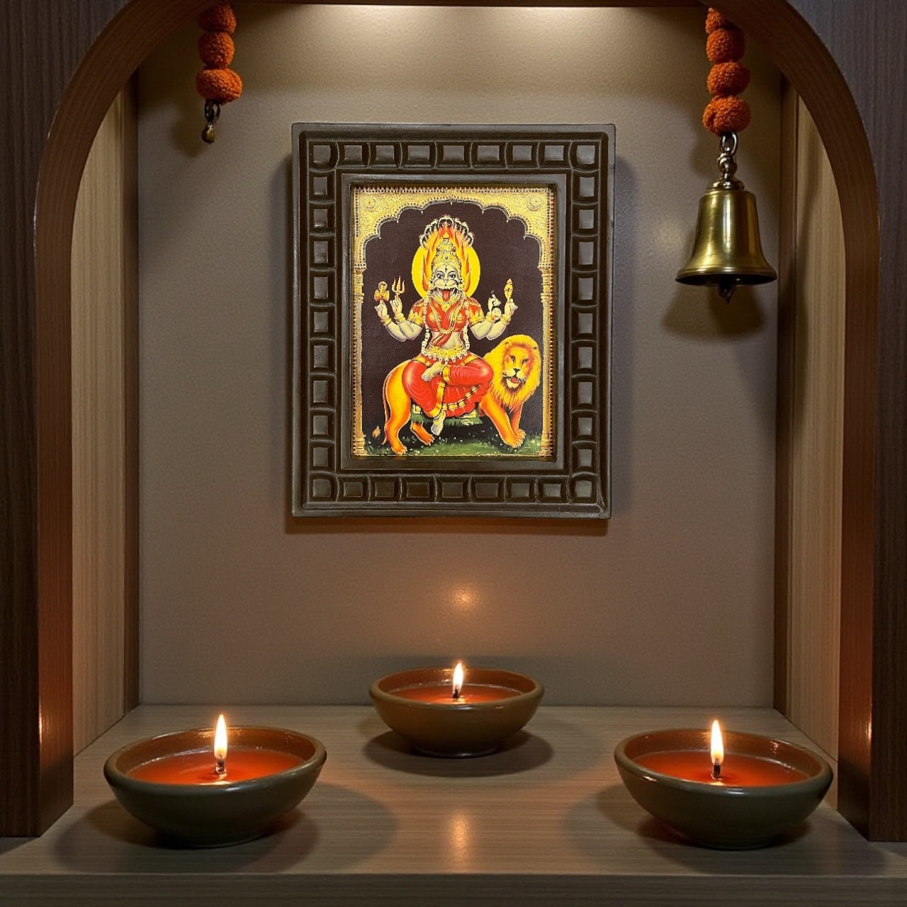 Pratyangira Devi Gold Leafed Art With Wooden Frame