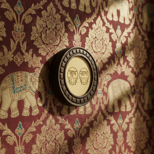 Shubh Labh wooden circular frame with beige backdrop