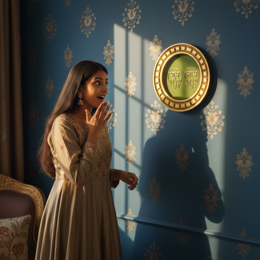 Shubh Labh Golden circular frame with green backdrop