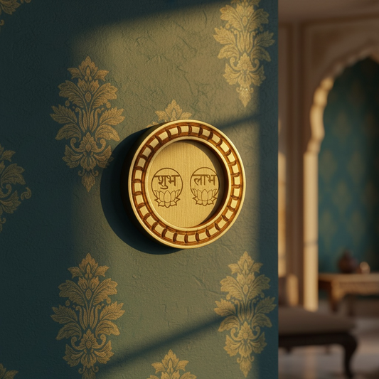 Shubh Labh Golden circular frame with beige backdrop