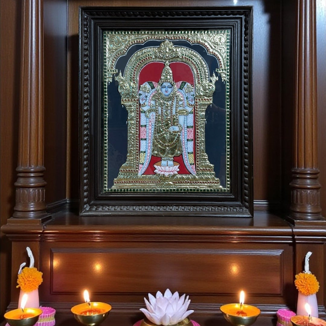 Rare Hand-Painted Tanjore Painting of Tirupati Balaji | 24K Gold Foil Artwork | Blue-Hued Deity | Traditional South Indian Wall Art
