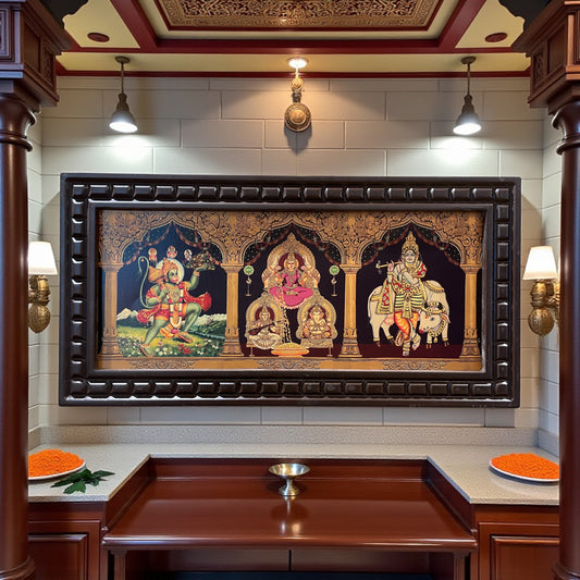 5-in-1 Divine Gold Leafed Art – Hanuman, Pink Saree Lakshmi, Ganesh, Saraswati & Krishna