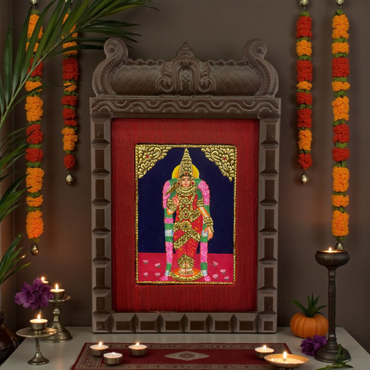 Madurai Meenakshi Tanjore Painting in Wooden Temple Frame