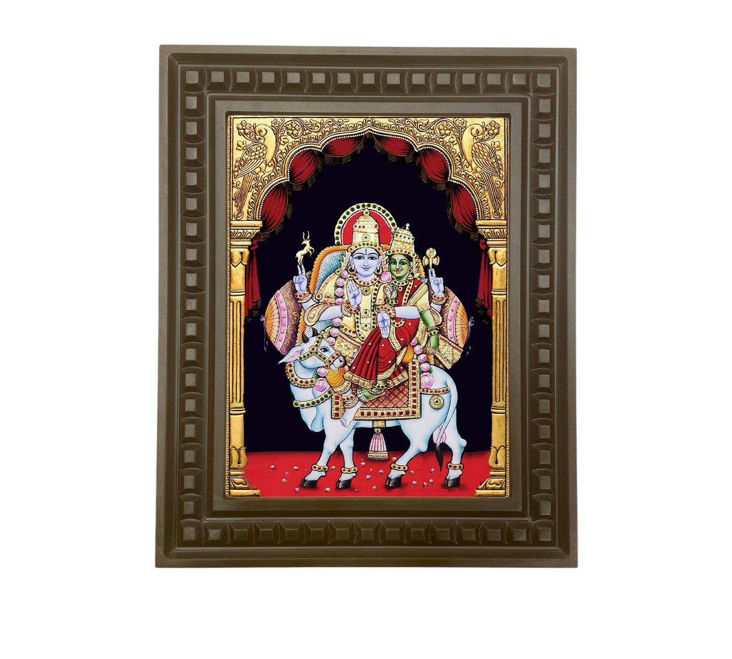 Shiva -Parvati On Nandi gold leafed art within a wooden frame
