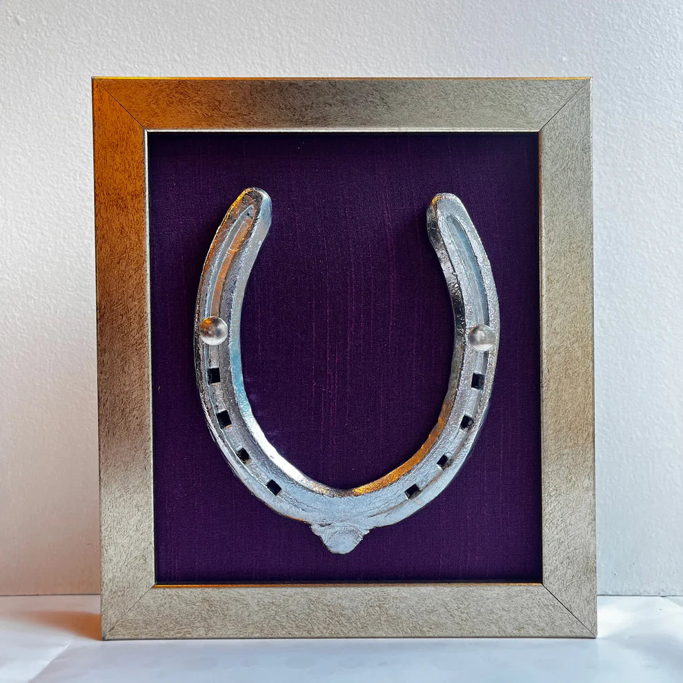 Good Luck Brass Horse Shoe with wine red silk background