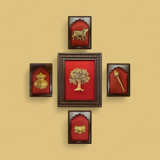 Red Wall Art Set with Kalapvriksha, Gadha, lotus, kamdhenu, Kuber Kalash