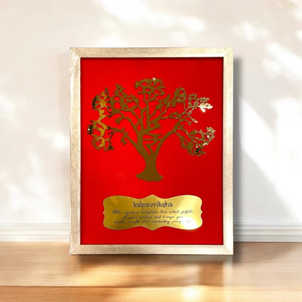 Wishfulfillng Kalpavriksha Tree Metal with Wine Red Silk Background