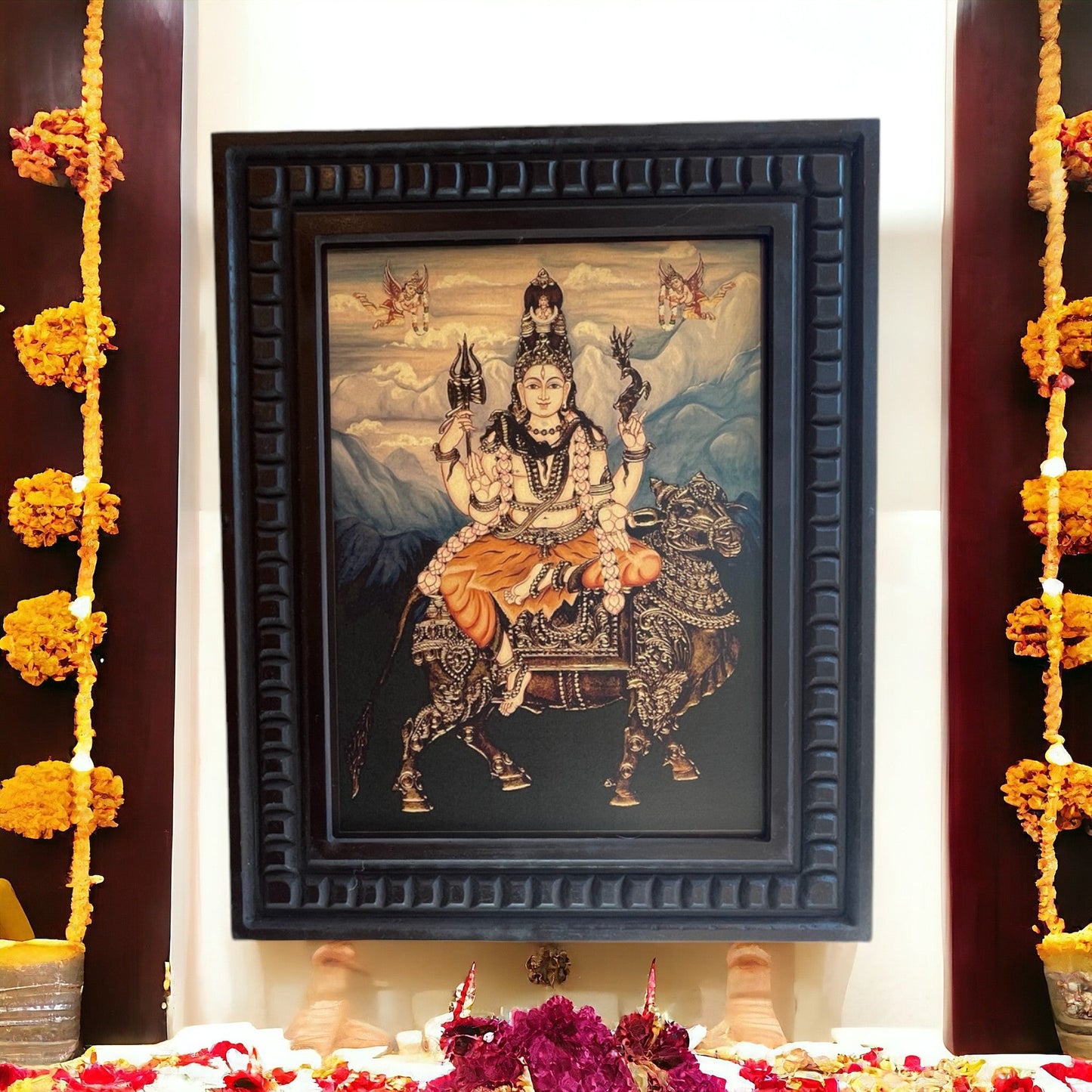 Shiva blessing seated on Vahan Nandi Gold Leafed Art With Wooden Frame