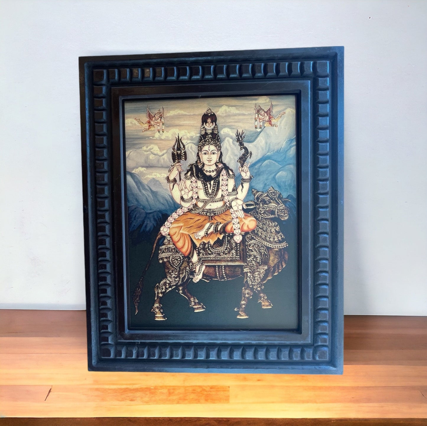 Shiva blessing seated on Vahan Nandi Gold Leafed Art With Wooden Frame