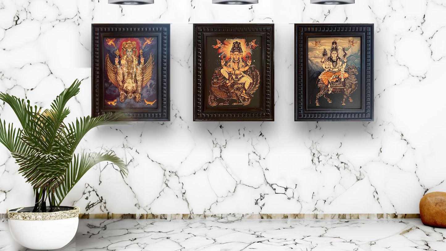 Vishnu: Mahavishnu seated on his vahan Garud Gold Leafed Art With Wooden Frame