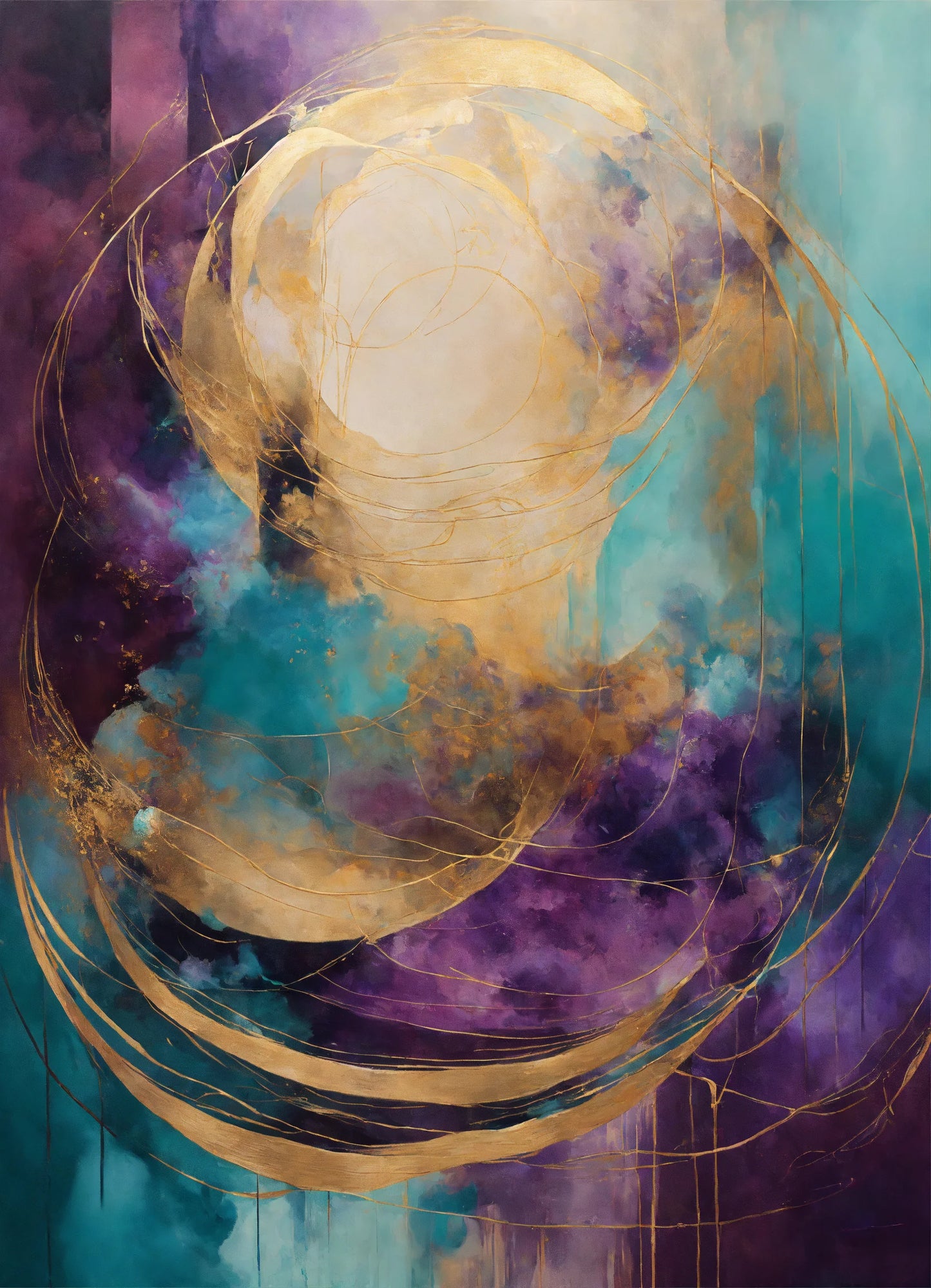 Original Acrylic Chromatic Elegance: Teal, Purple, Gold Canvas - without frame