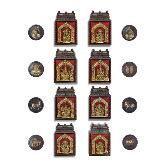 Brass Astalakshmi on Maroon Red Silk with 8 Sacred Elements in Temple Wooden Frame