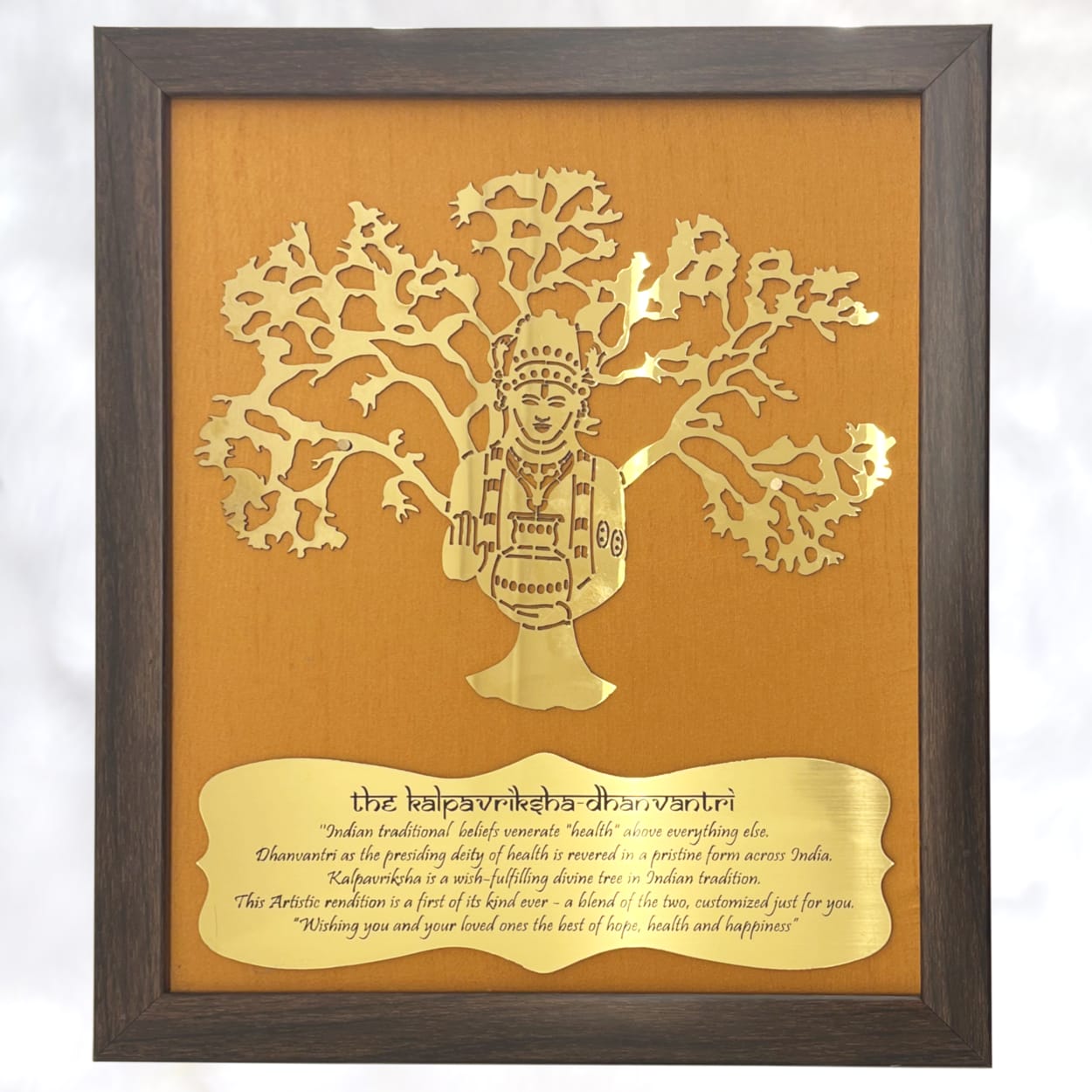 Dhanvantri with Orange silk backdrop brown and copper frame