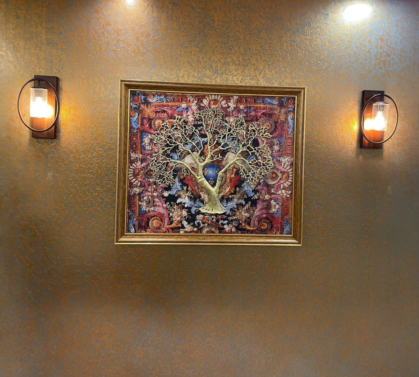 Wall Art : French Royal Emblem background Gold Tree With Brown Frame