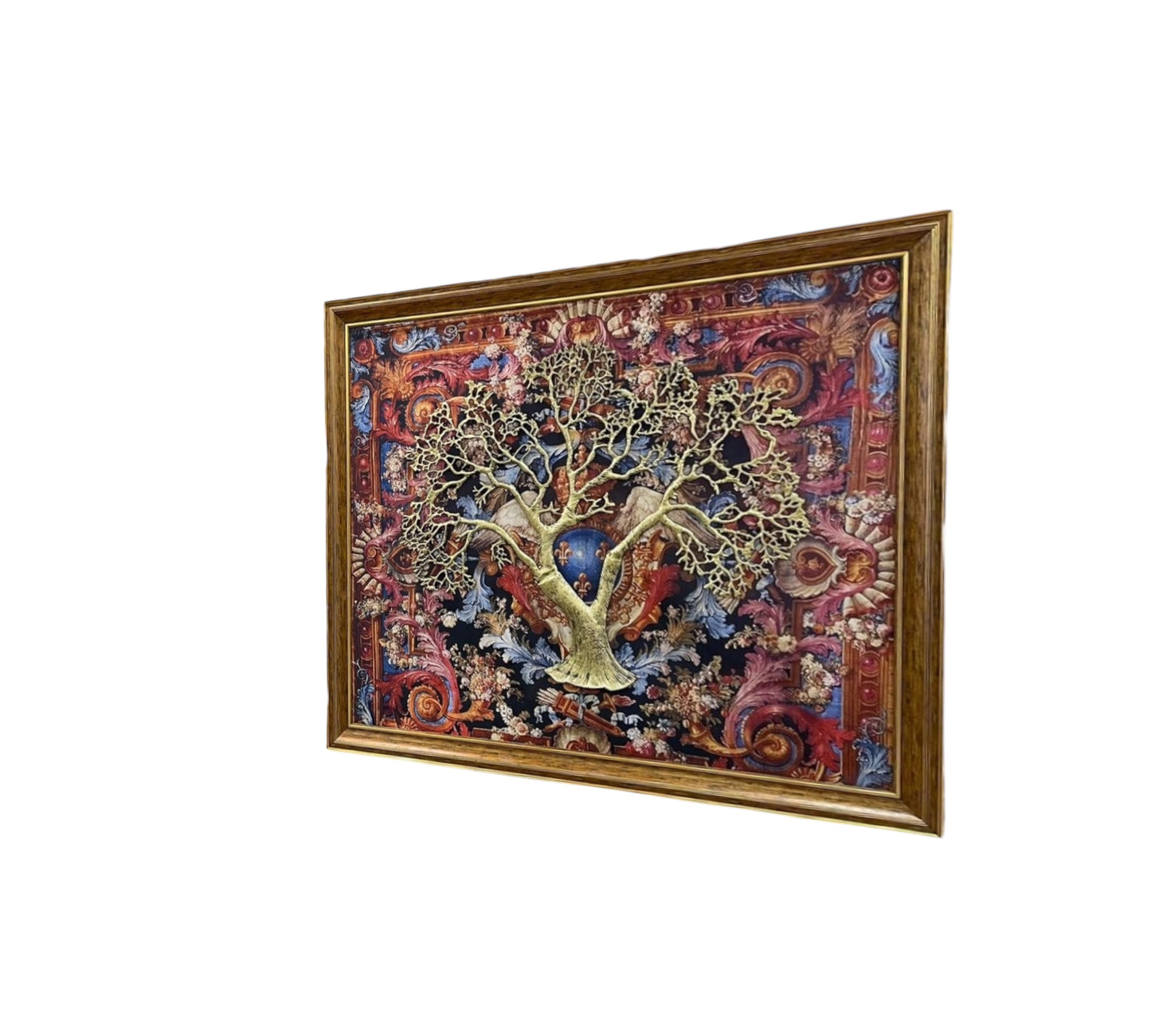 Wall Art : French Royal Emblem background Gold Tree With Brown Frame