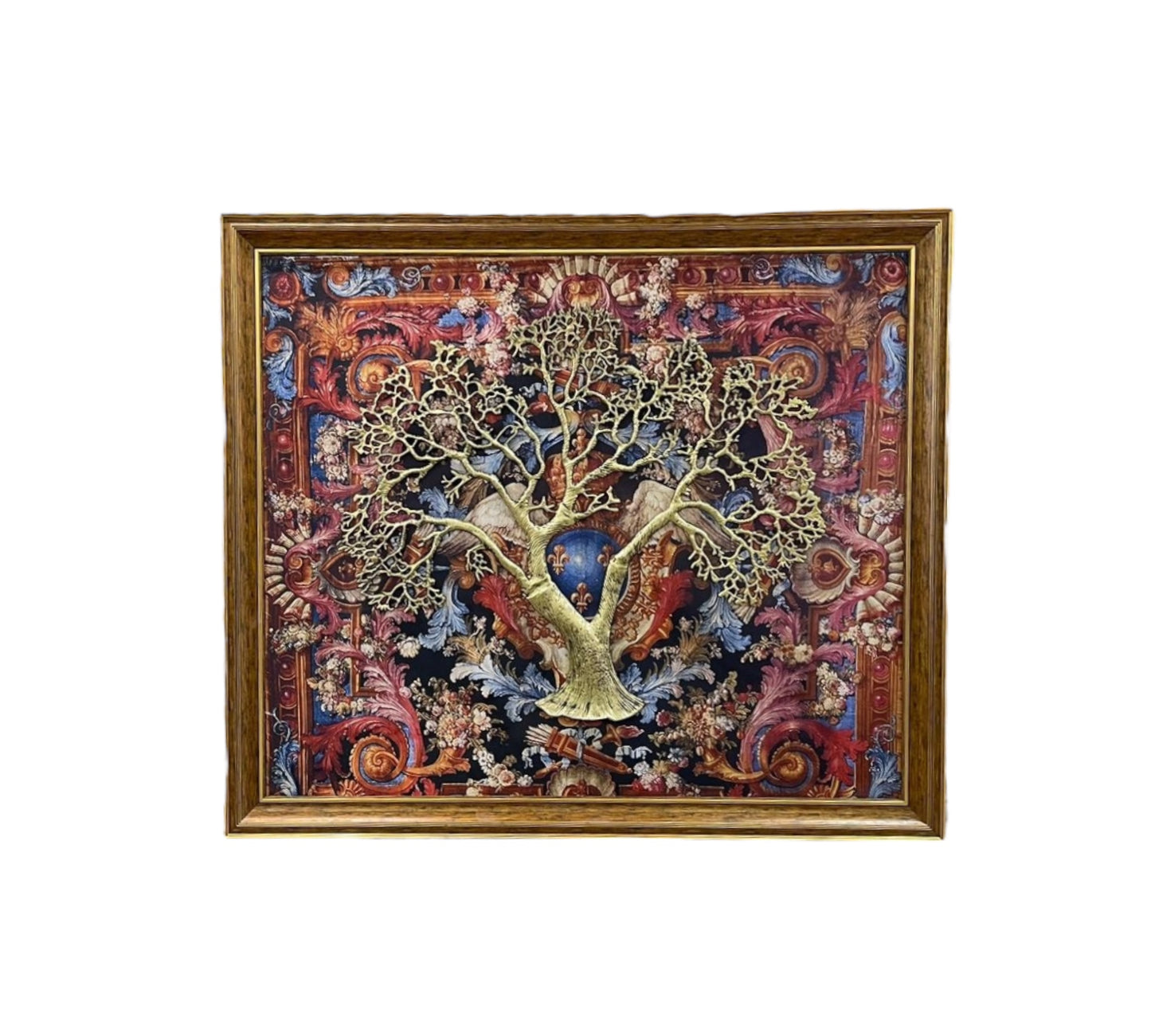 Wall Art : French Royal Emblem background Gold Tree With Brown Frame