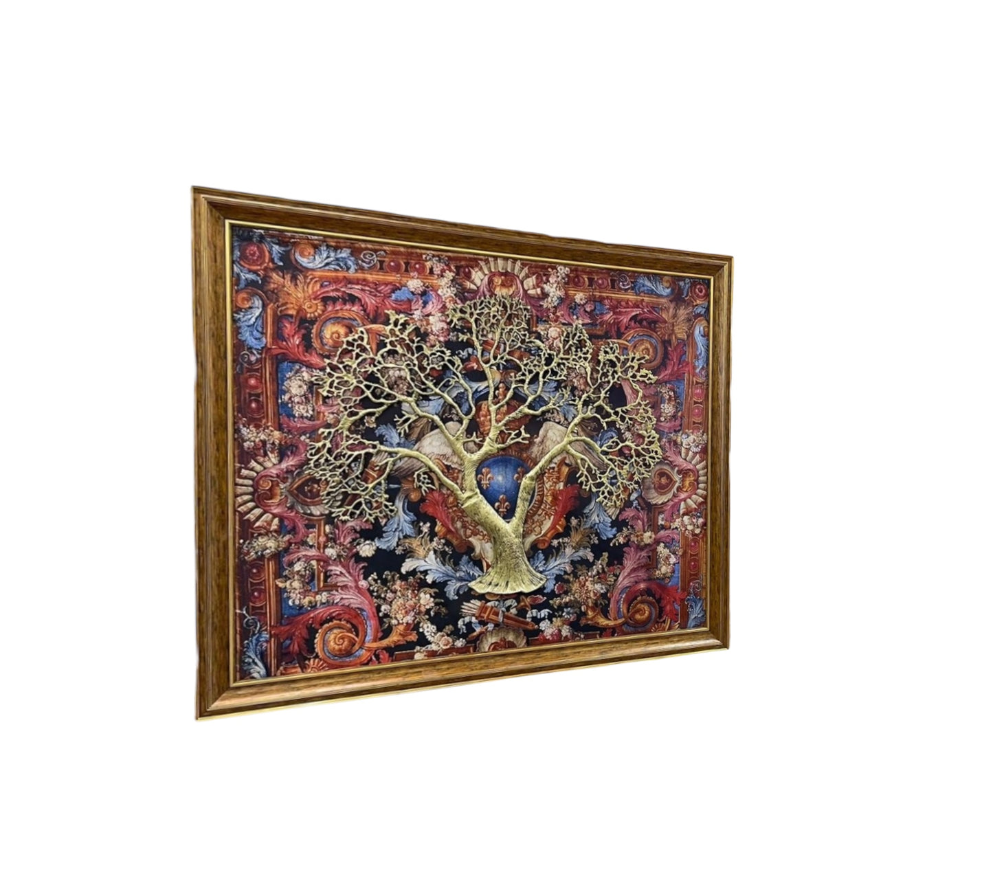 Wall Art : French Royal Emblem background Gold Tree With Brown Frame