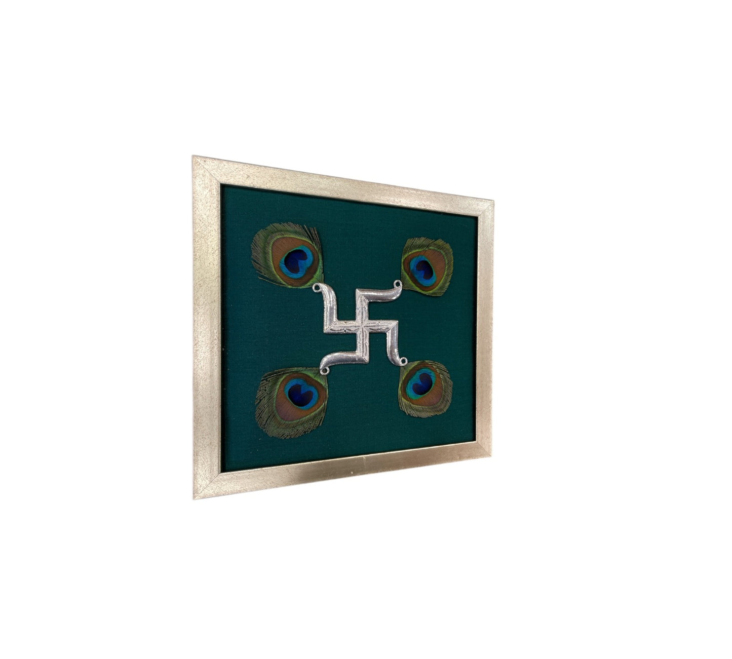 Silver Swastik on Green Silk in Antique Gold Frame with Certificate