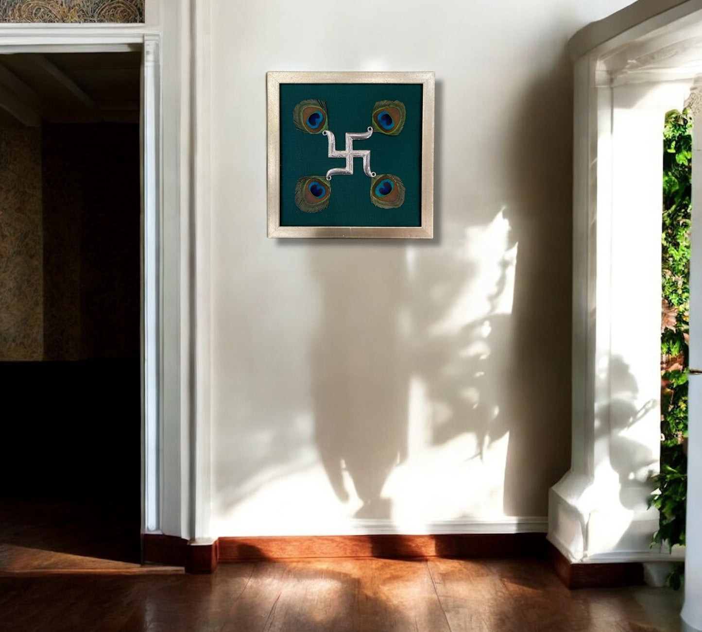 Silver Swastik on Green Silk in Antique Gold Frame with Certificate