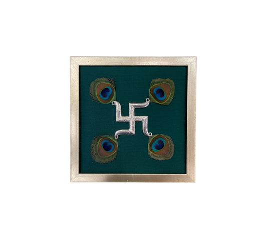 Silver Swastik on Green Silk in Antique Gold Frame with Certificate