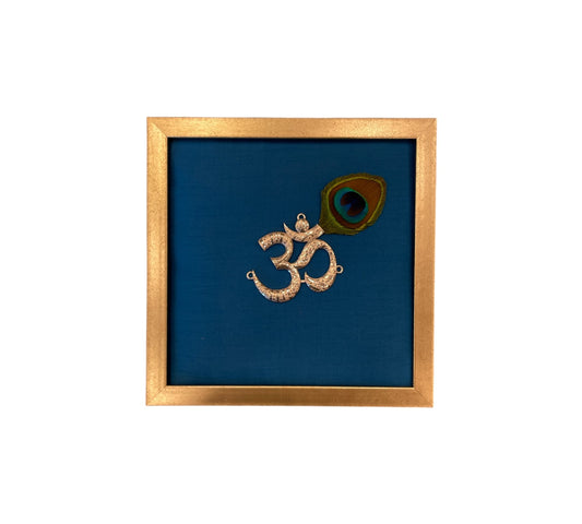 Silver Om on Blue Silk in Antique Gold Frame with Certificate