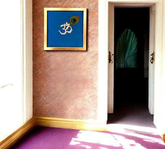Silver Om on Blue Silk in Antique Gold Frame with Certificate
