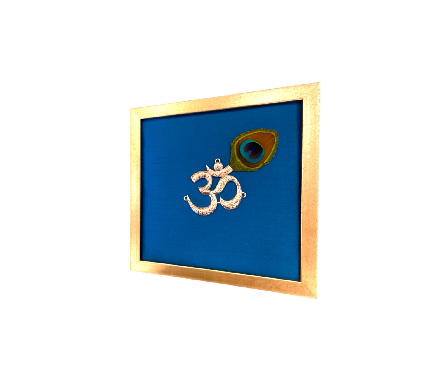 Silver Om on Blue Silk in Antique Gold Frame with Certificate