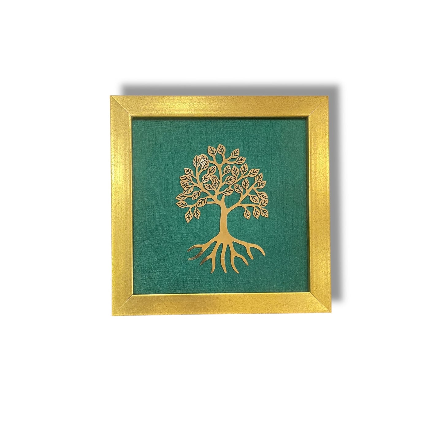 Bilva Tree Dark Green Silk Background in Elegant Brown Frame