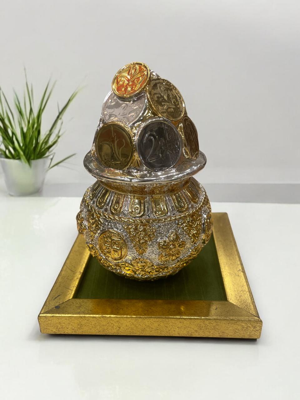 Kuber Kalash with World currency Silver & Gold plated with Free Base
