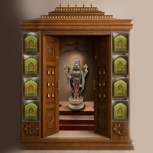 Astalakshmi Brass Set of 8 with Light Green Silk in Wooden Frame