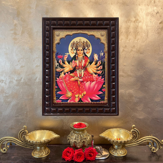 Gayatri Devi Framed Devotional Art | Hindu Goddess Wall Decor in Wooden Frame