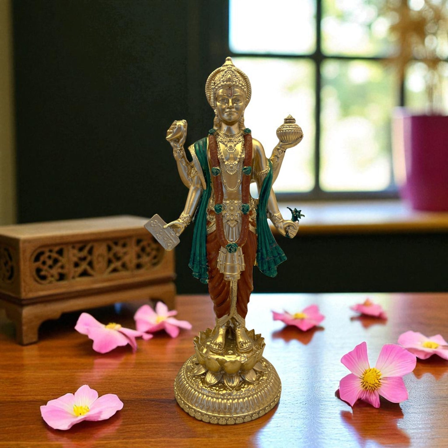 Lord Dhanvantri Healing Statue – Gold Finish with Green & Maroon Robes