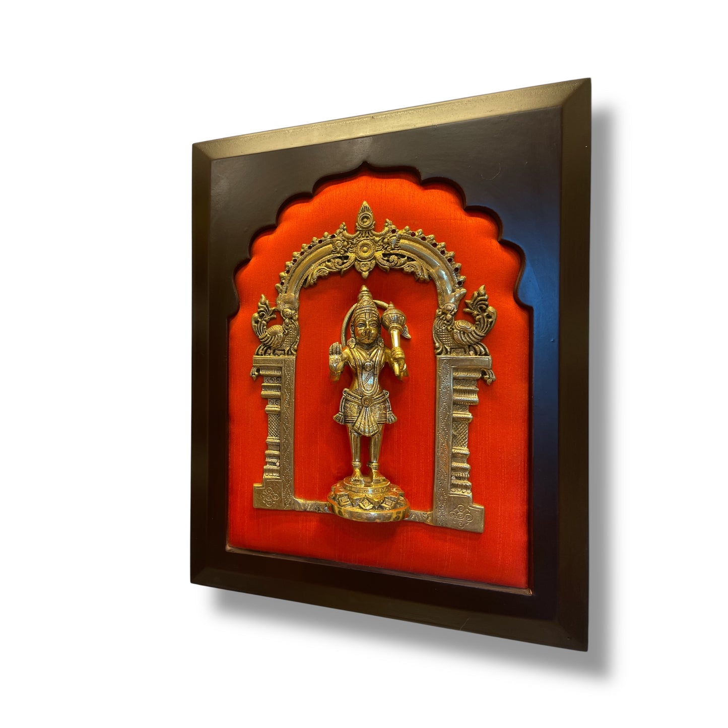 Brass Hanumaan blessing pose with Dark Orange Silk and Wooden frame
