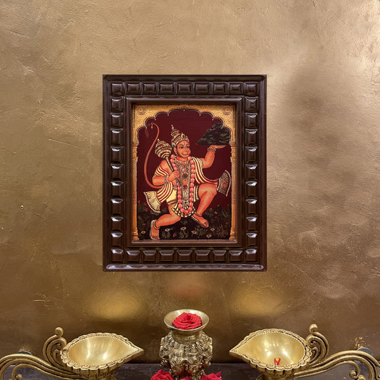 Gold Leafed Sanjeevani Hanuman in Wooden Frame