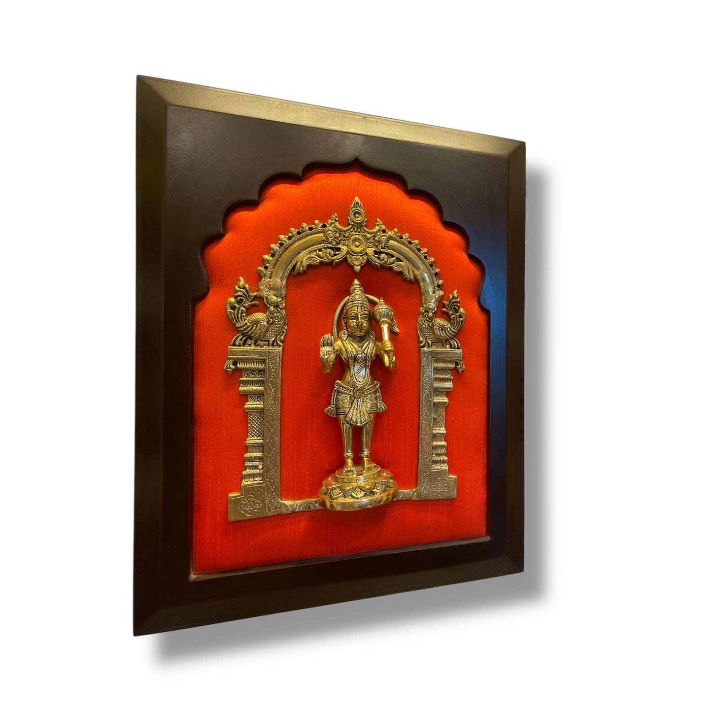 Brass Hanumaan blessing pose with Dark Orange Silk and Wooden frame