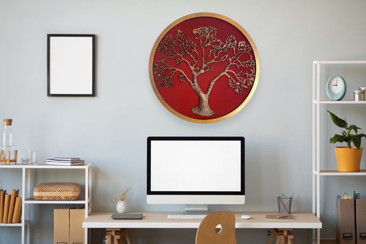 Circular Wall Art : Metal Kalpavriksha Redwine Rawsilk