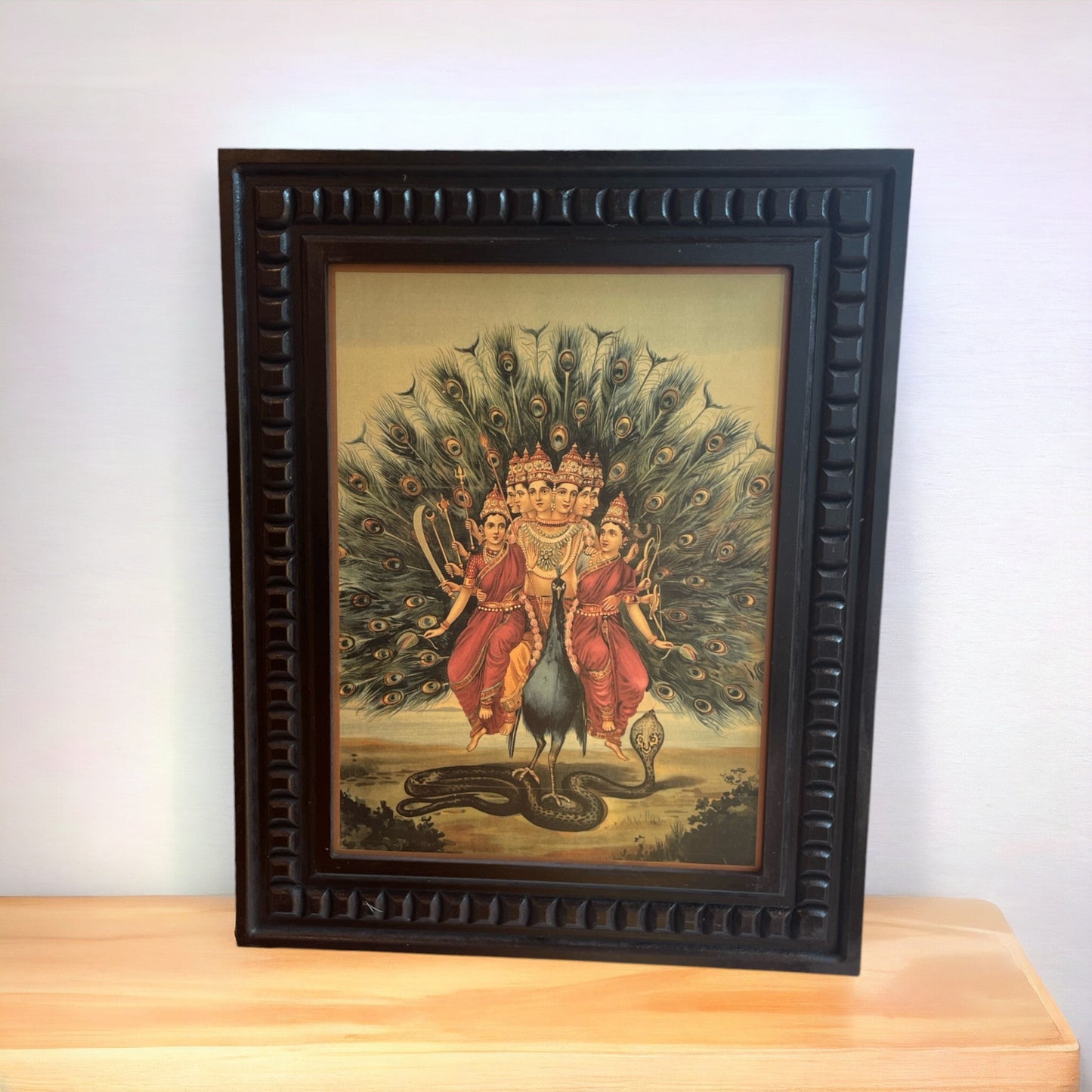 Murugan: Karthikeyan with valli & devyani Gold Leafed Art With Wooden Frame