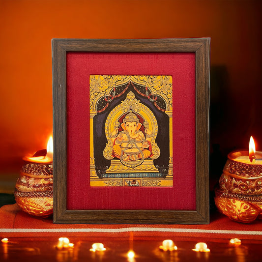 Shree Ganesha's Divine Presence with Red Silk With Brown Frame