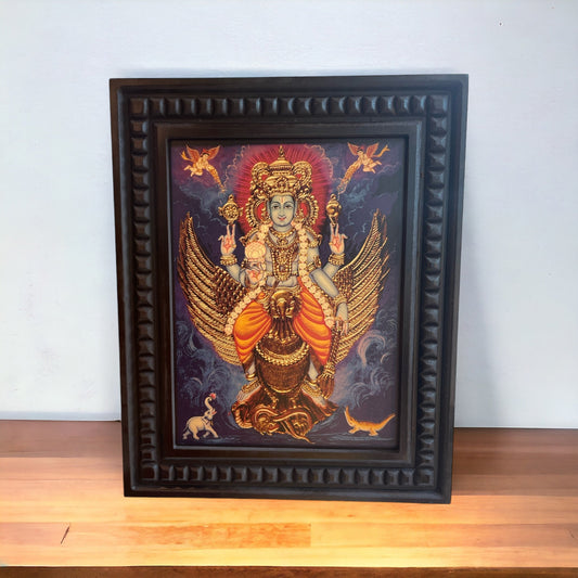 Vishnu: Mahavishnu seated on his vahan Garud Gold Leafed Art With Wooden Frame