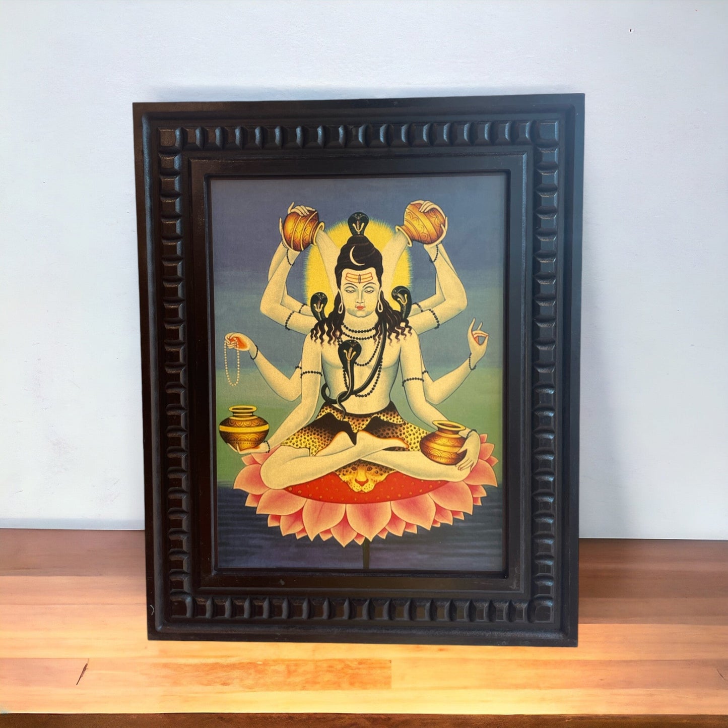 Shiva Mahamrityunjay Gold Leafed Art With Wooden Frame