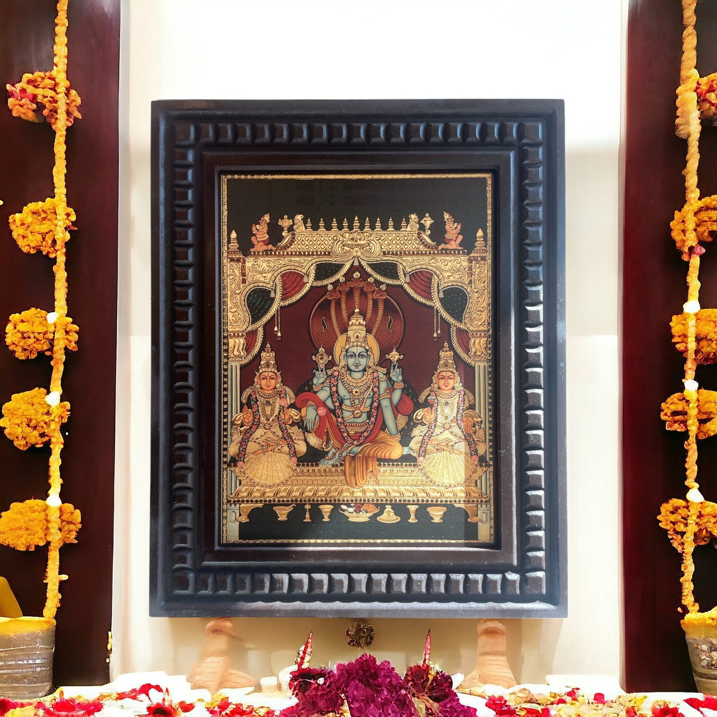 Vishnu: Gold Leafed Art Mahavishnu with Bhudevi & Shreedevi With Wooden Frame