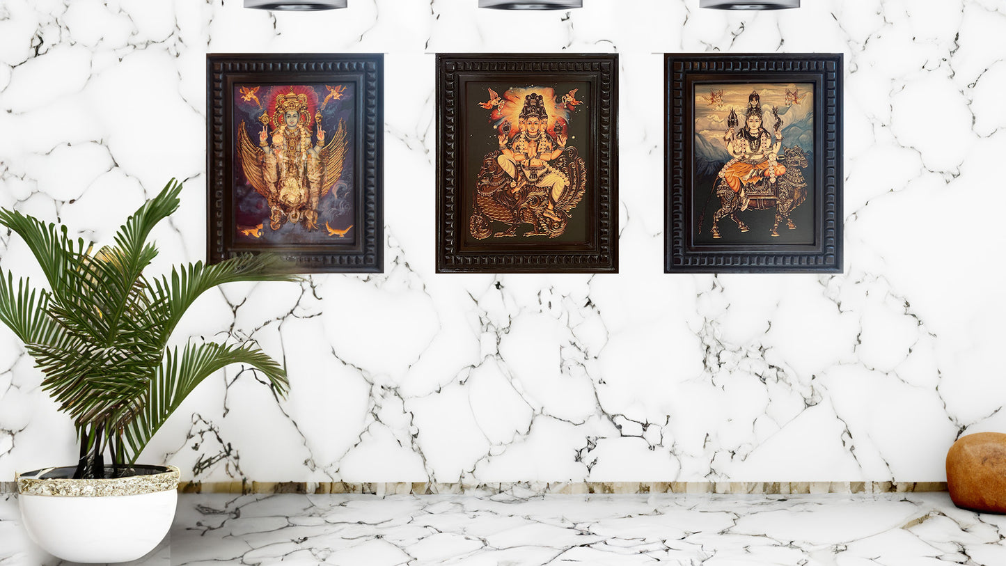 Shiva blessing seated on Vahan Nandi Gold Leafed Art With Wooden Frame